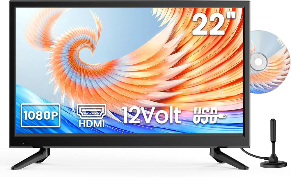DESOBRY Mini TV 22 pouces 1080P avec lecteur DVD intégré, tuner DVB-T2 intégré, avec antenne, entrée HDMI/USB/AV – Combinaison TV-DVD 12 V pour camping-cars, cuisines et petites pièces