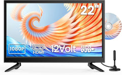 DESOBRY Mini TV 22 pouces 1080P avec lecteur DVD intégré, tuner DVB-T2 intégré, avec antenne, entrée HDMI/USB/AV – Combinaison TV-DVD 12 V pour camping-cars, cuisines et petites pièces