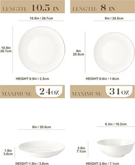 MALACASA Service de table pour 4 personnes en porcelaine tendre, service de table 16 pièces rond blanc avec bord doré, ensemble combiné de 4 assiettes plates, 4 assiettes à dessert, 4 assiettes Suma et 4 bols à céréales Série NORI