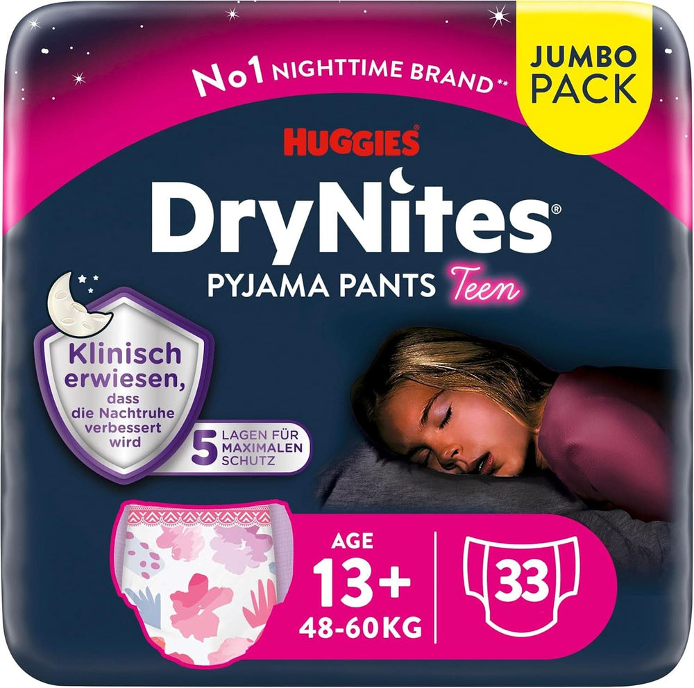 Huggies Drynites Nachtwindeln Bei Bettnässen, Für Mädchen Ab 13 Bis Ca. 17 ans (48-60 KG), 33 pièces (3X11), Jumbo-Monatspack, Diaper-Pants XL Accessoires Alimentation et allaitement Baby Naty Shop
