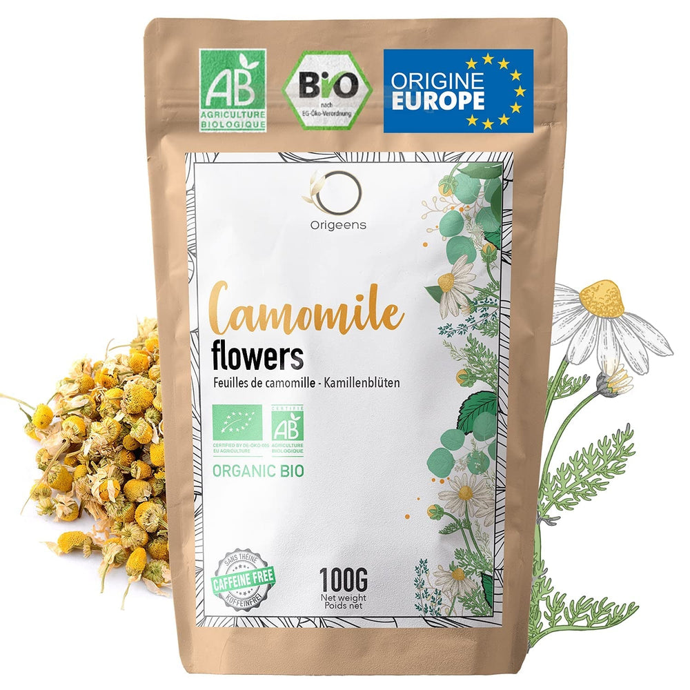 ORIGEENS Thé aux Fleurs de Camomille Bio d'Europe, 100 g | Thé en feuilles, thé biologique pour le sommeil et la digestion | Camomille allemande | Certifié et emballé en Allemagne