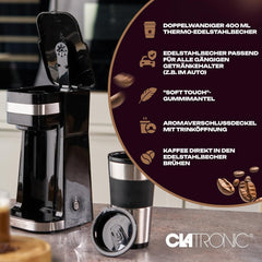 Machine à expresso Clatronique | Tasse de voyage 400 ml | Compatible avec tous les porte-gobelets standards (par exemple pour voiture) | Machine à expresso avec filtre | Filtre permanent en nylon | Mug en acier inoxydable avec couvercle aromatique | CA 3733