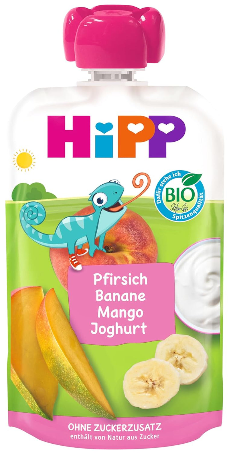 HiPP Pêches Bananes Mangue au Yaourt, Sachet Compressible dès 1 an, 8 x 100g