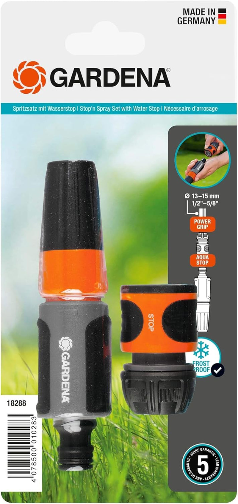 Kit de pulvérisation Gardena pour tuyaux de 13 mm (1/2") et 15 mm (5/8") : kit de pulvérisation de nettoyage avec Aquastop pour un changement rapide de raccord (18288-20)