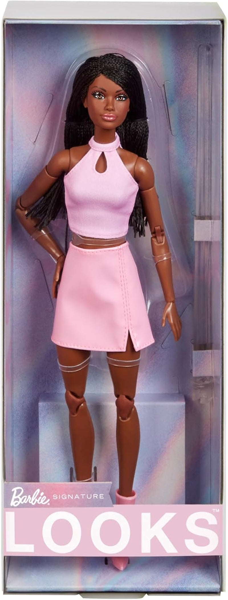 Păpușă Barbie Looks, figurină de colecție nr. 21 cu păr negru împletit în împletituri și modă modernă Y2K, top roz halter și fustă din piele artificială cu cizme, HRM13 Papusi Naty Shop Titlu implicit
