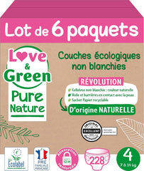 Love Green Nature, couches écologiques non blanchies, sans chlore, différentes tailles Mère et Enfant Naty Shop Taille 4, 7 - 14 kg Lot de 6 paquets, 228 couches au total