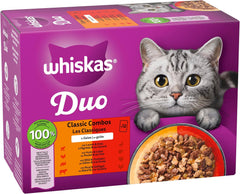 WHISKAS Duo Pliculețe pentru Porții de Hrană Umedă, Pachet Multiplu, Combinație Clasică în Jeleu, 12 x 85g