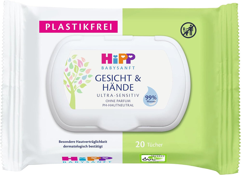 HiPP Baby Lingettes humides douces pour le visage et les mains, paquet de 12 (12 x 20 pièces)