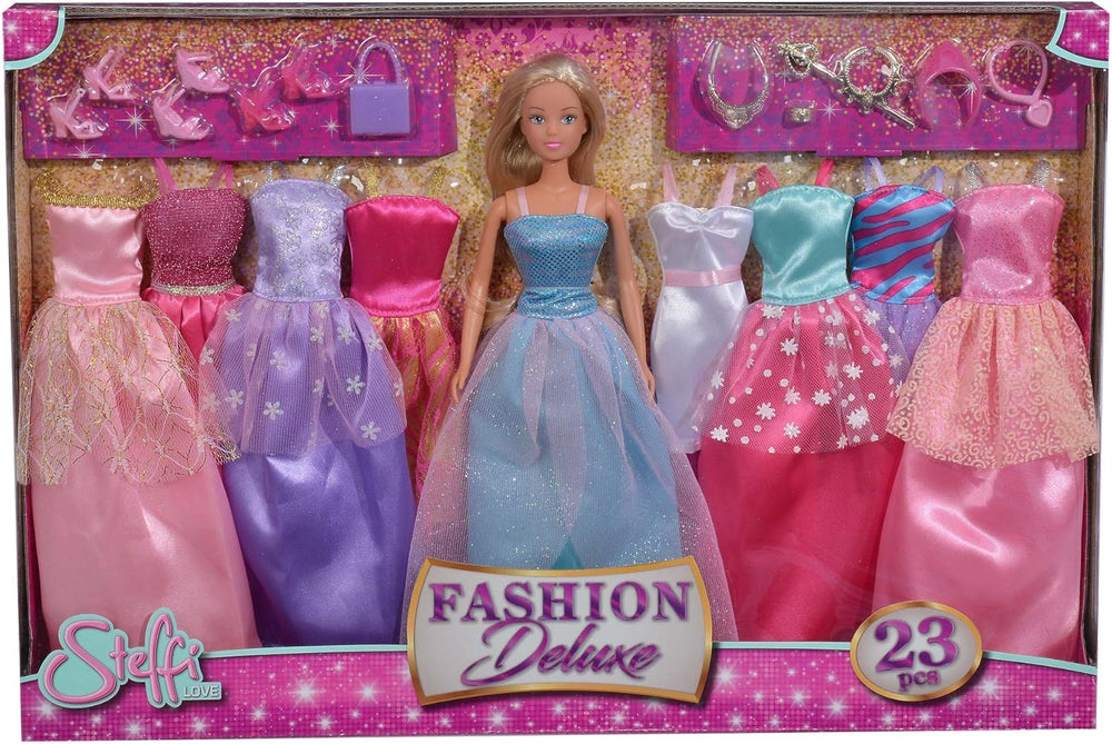 Simba 105733092 - Steffi Love Fashion Deluxe Robe de soirée avec huit robes supplémentaires et accessoires assortis, 23 pièces, 29 cm, à partir de 3 ans