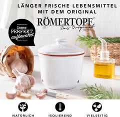 Römertopf Fresh Pot MINI 0,6 litres - Pot à ail en céramique - L'argile respirante garde les légumes frais plus longtemps - Circulation d'air idéale - Boîtes de conservation blanches Naty Shop