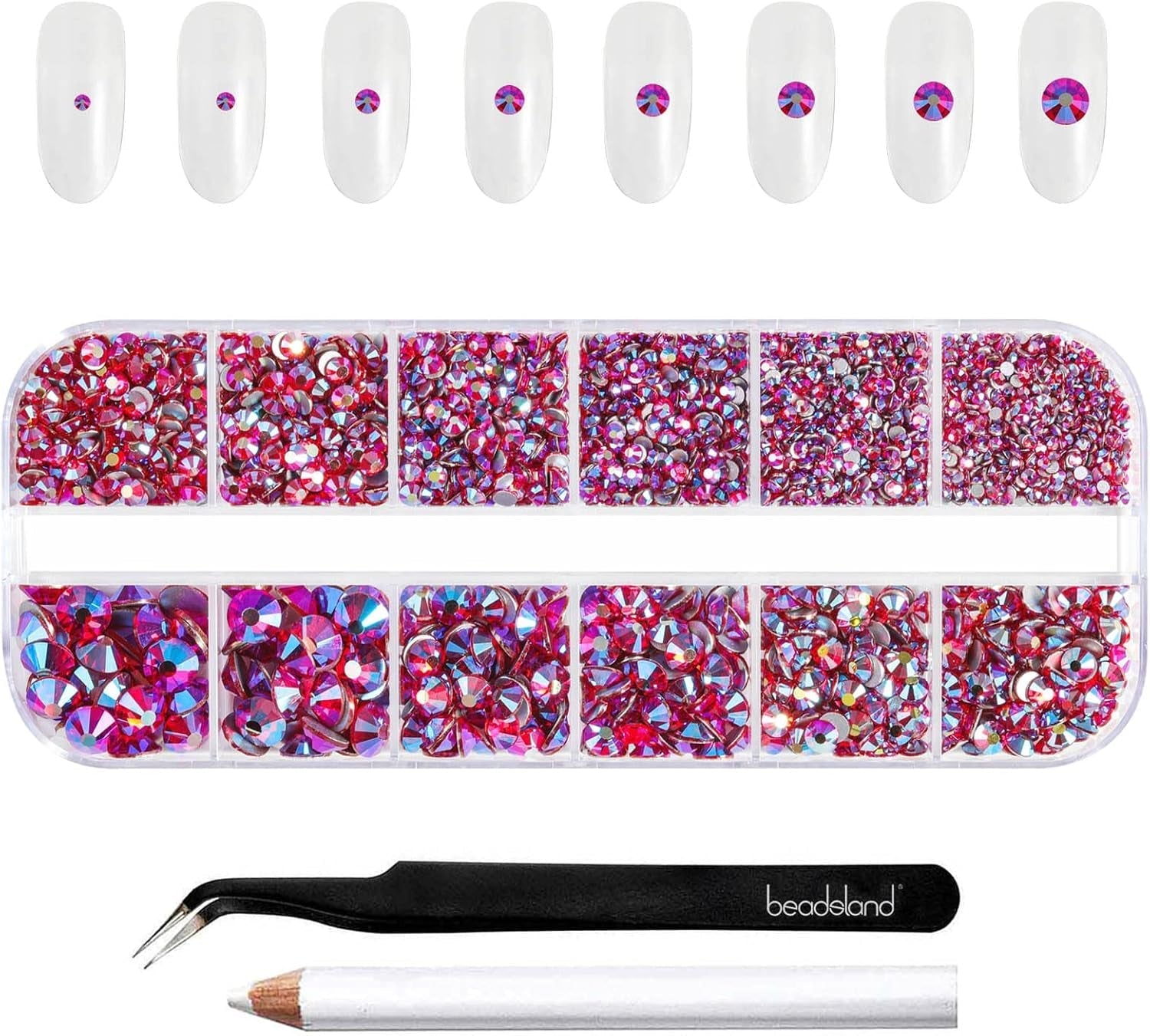 Beadsland 2500Pcs Glas Nailart Strasssteine Kristall Flatback Edelsteine Runde, Für Handwerk Gemischt 8 Größen SS4 ~ SS30 Mit Picking Pinzette Und Stift (Kristall Weiss)