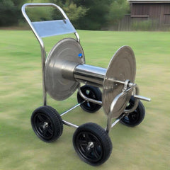 Dévidoir Relaxdays, jusqu'à 200 m, enrouleur de tuyau mobile, HL 100 x 73 x 57 cm, distributeur de tuyau, acier inoxydable, argent