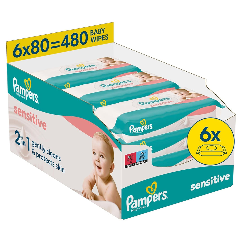 Lingettes humides Pampers Sensitive, 6 paquets de 80 lingettes = 480 lingettes, non parfumées, pour un nettoyage doux et doux