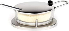Set Parmesan APS „Classic”, Bol pentru Parmesan, Recipient pentru Parmesan cu Lingură, Sticlă Transparentă pentru Parmesan în Suport din Oțel Inoxidabil, 11 x 15 cm, Înălțime 7 cm