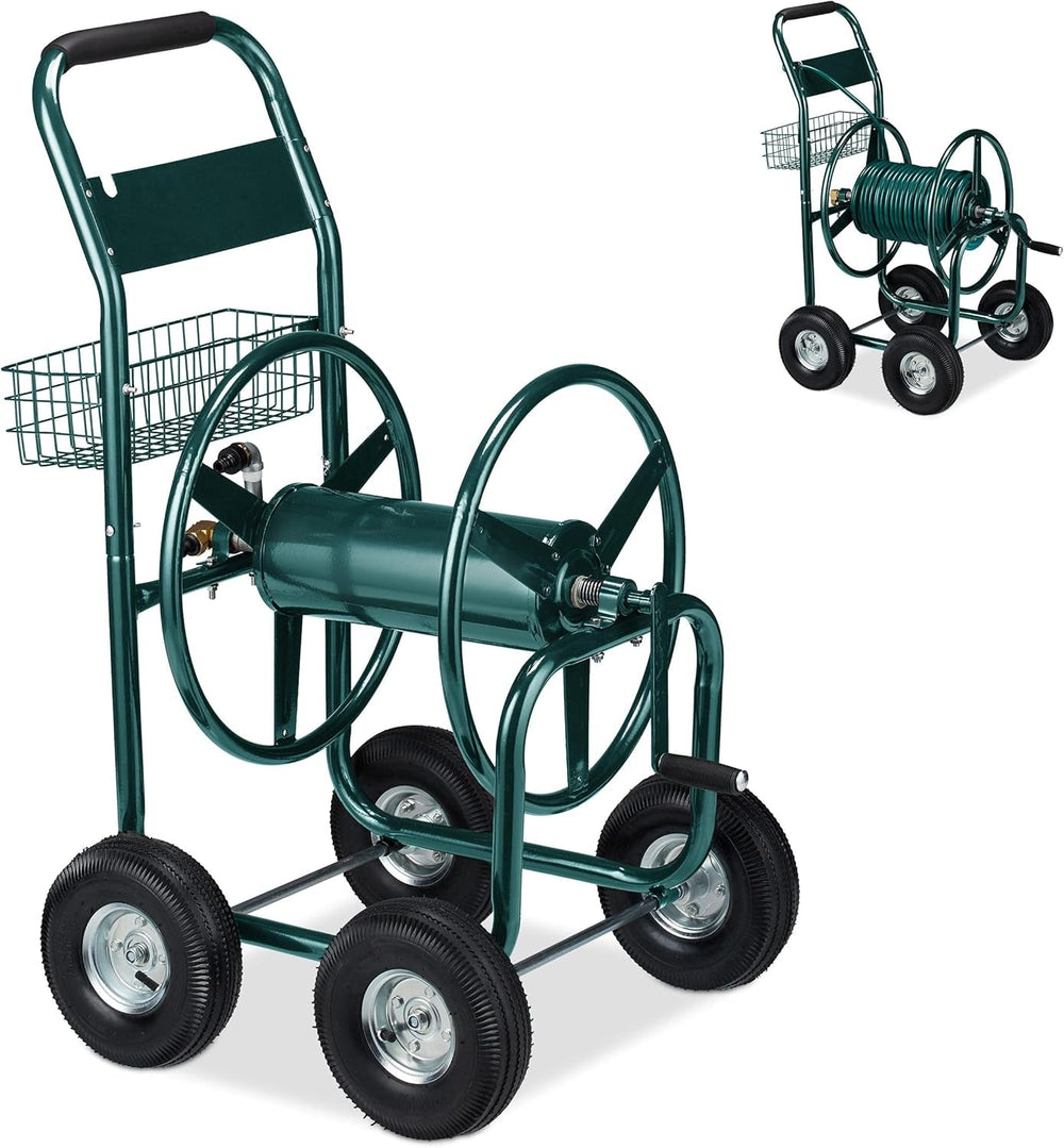 Dévidoir Relaxdays, jusqu'à 90 m, 4 pneumatiques, raccord à clic, enrouleur de tuyau en métal, distributeur de tuyau avec panier, vert