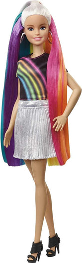 Barbie FXN96 - Rainbow Glitter Hair Doll cu păr blond lung, curcubeu ascuns de cinci culori, gel cu sclipici, perie de păr, accesoriu pentru coafat, cadou de jucărie pentru copii de la 5 ani în sus Papusi Naty Shop Păpușă de păr