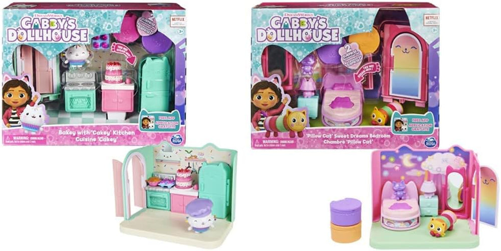 Gabby Dollhouse et Gabby Dollhouse Deluxe Room Sweet Dreams Oreiller de chambre à coucher en forme de chat moelleux et 3 accessoires 3 meubles et 2 boîtes surprises Convient aux enfants de 3 ans et plus