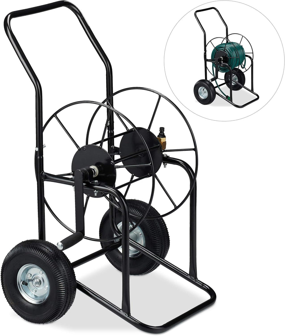 Dévidoir Relaxdays, enrouleur de tuyau mobile, raccord 1/2" et 3/4", tuyau jusqu'à 80 m, 2 roues, métal, noir