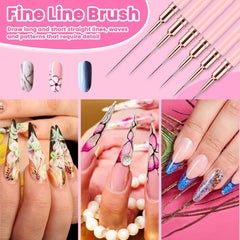 6 pièces Liner Nailart Pinsel Nageldesign Pinsel Set Dünn Acryl Nagelpunkt-Zeichenwerkzeug Nägel Dünne Nagelpinsel Set pour Lange Linien, Dünne Détails, Fines Zichnen 5/7/9/11/15/25 Mm (Rose)