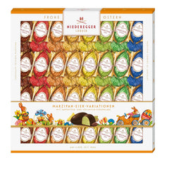 Niederegger | Œufs en pâte d'amande | 1x400g | Variantes : Classique, Chocolat au lait, Orange, Caramel Crunch, Ananas, Pomme, Expresso et Pistache | Enrobé de chocolat noir et au lait | Cadeau de Pâques