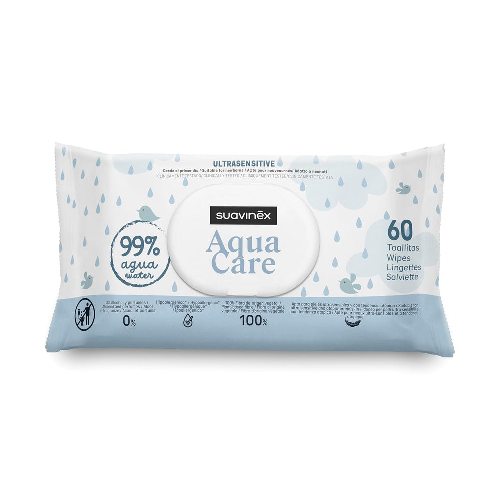 Șervețele umede Suavinex Aqua Care pentru bebeluși, 60 de unități, șervețele demachiante 99% apă, fibre de origine vegetală, cu aloe vera, fără parfum și alcool, testate dermatologic, potrivite pentru pielea sensibilă
