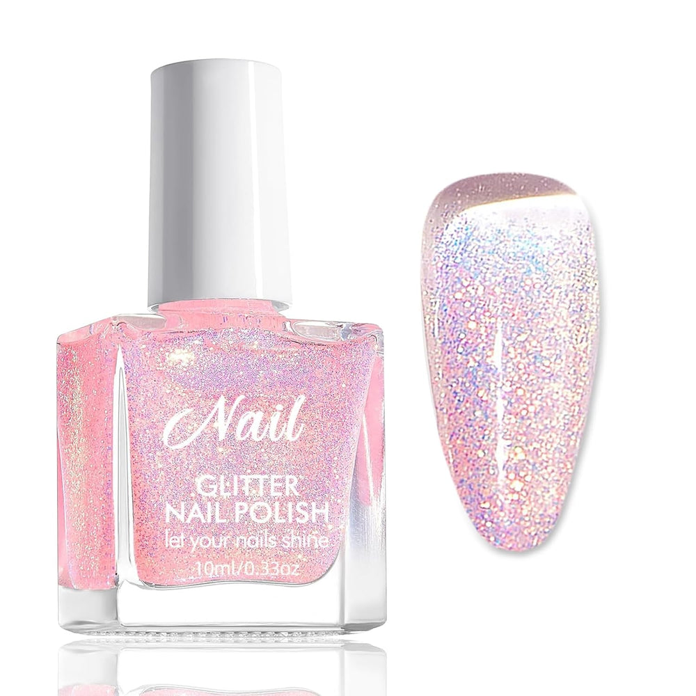 Vernis à ongles rose pailleté – Vernis à ongles non toxique à base d'eau pour femme – Vernis à ongles à séchage rapide – Vernis à ongles pailleté réfléchissant pour le nail art à la maison (rose transparent, 10 ml)