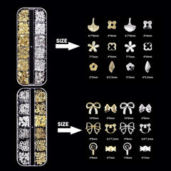 Coffret de 4 porte-clés à ongles – 48 types de porte-clés à ongles 3D dorés et argentés (papillons, fleurs, perles, etc.) + pince à épiler et stylo – pour ongles en gel et acrylique DIY | Idéal pour le salon de manucure et la maison