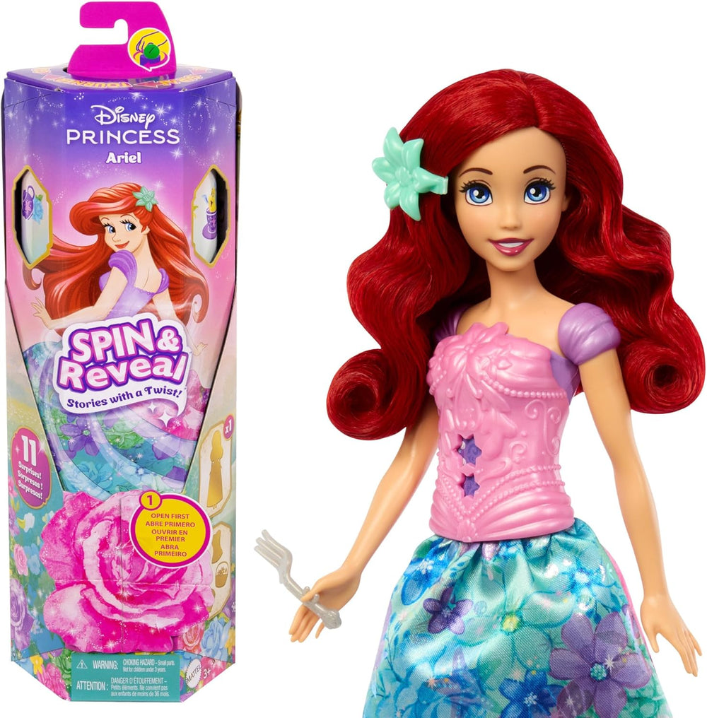 Mattel Disney Princess Ariel Spin & Reveal Fashion Doll Set avec 11 surprises, dont 5 accessoires, 5 autocollants et une scène de jeu inspirée du film HTV88