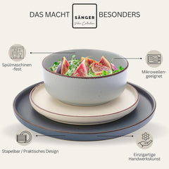 SÄNGER Bombay Clair de Lune | Service de table en céramique 12 pièces pour 4 personnes, 4 assiettes plates, 4 assiettes à dessert, 4 bols, couleurs assorties | LA COLLECTION VALEUR