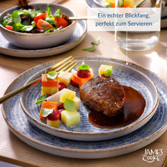 Azure Service de table vintage en grès pour 6 à 24 pièces – Rayures blanches et bleues, surface en relief – Passe au lave-vaisselle, au four et au micro-ondes