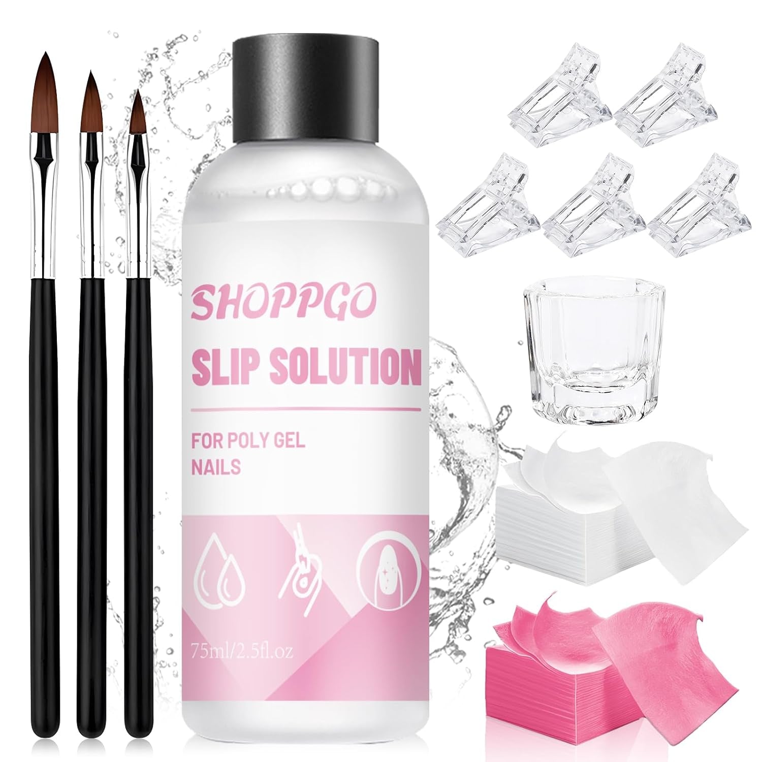 Soluție de unghii Polygel, Kit pentru unghii Poly Gel Slip Solution, Soluții lichide pentru unghii Polygel 75 ml, 5 cleme pentru vârfuri de unghii, 3 perii de unghii, 1 cupă de cristal, 100 foi de curățare