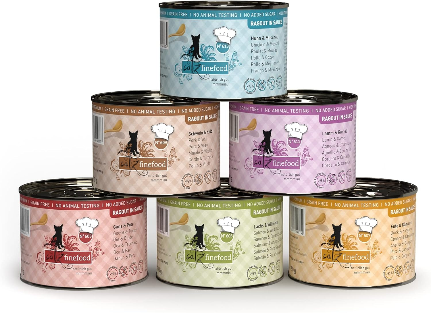 Catz Finefood Ragout N° 605 Salmon & Duck Cat Food Wet - hrană umedă delicatessen pentru pisici în sos fără cereale și zahăr cu conținut ridicat de carne, cutie 6 X 190 G