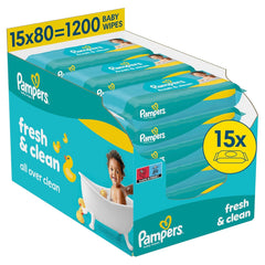 Lingettes humides Pampers Fresh Clean, 15 paquets de 80 lingettes, 1 200 lingettes au total, parfum léger, convient également aux mains et au visage