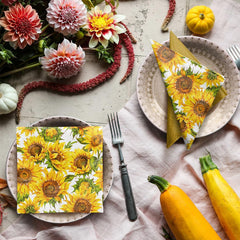 PAW - Serviettes 3 épaisseurs (33 X 33 cm) I 20 pièces I Parfaites pour les anniversaires, fêtes, rendez-vous I Décorations de table d'automne I Serviettes en papier colorées - Pétales jaunes de tournesol I Tournesol dansant