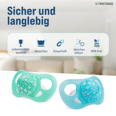 Sucettes pour bébé Twistshake – Paquet de 2 | Forme orthodontique | Ultra-léger | Tétine en silicone souple | Sans BPA | Convient aux bébés à partir de 6 mois | Bleu Vert