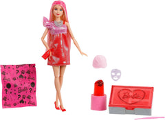 Barbie Party Unboxed Puppe und Accessoires, Glam Party Serie mit 10 Überraschungen, darunter eine rote glitzernde Puppe mit Farbwechseleffekt, JFY68