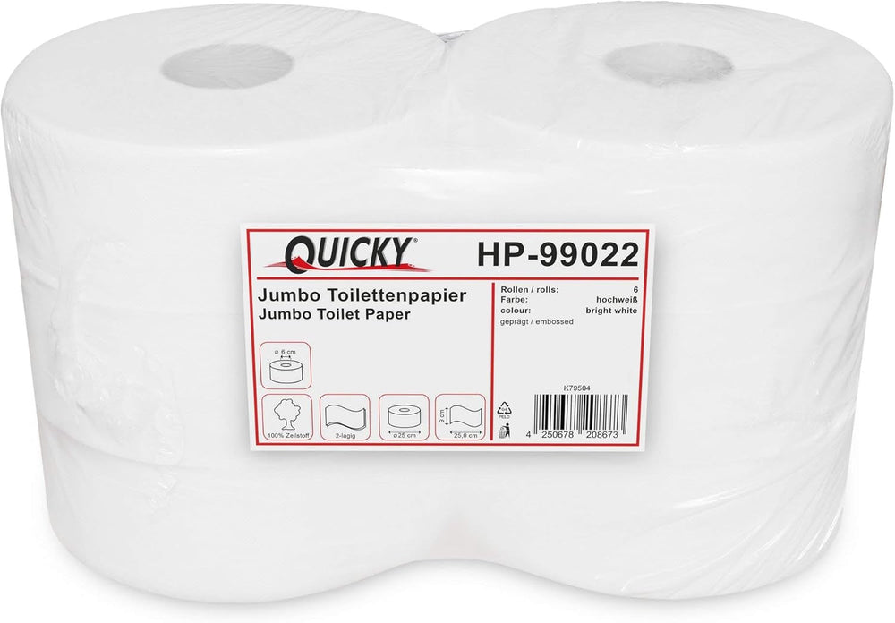 Papier toilette Quicky Jumbo 2 épaisseurs, 25 cm Ø, blanc brillant, gaufré à pois fins, 6 rouleaux - absorbant et indéchirable pour une hygiène maximale, idéal pour les institutions publiques et l'industrie