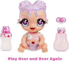 MGA Glitter Babyz - LILA WILDBLOOM - Poupée bébé avec 3 changements de couleurs magiques dans l'eau glacée - avec cheveux lilas pailletés, tenue de fleurs sauvages, couche, biberon et tétine - pour les enfants à partir de 3 ans