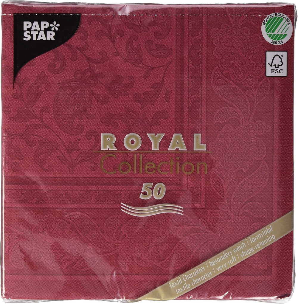50 serviettes "Collection ROYAL" pli 1/4 40 Cm X 40 Cm Bordeaux "Ornements"
