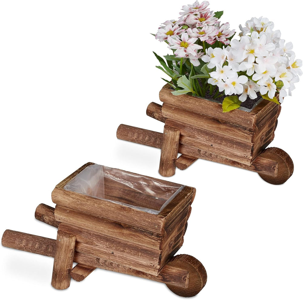 Relaxdays Brouette Jardinière, Lot de 2, Décoration de Jardin, H x L x P : 12,5 x 26 x 12 cm, Chariot à Fleurs pour Plantation, Bois, Naturel
