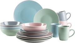 MÄSER 934006 Série Elissa, service de table moderne pour 4 personnes, glaçages colorés mats avec bord blanc, ensemble combiné de 16 pièces, grès, multicolore, gris, turquoise, rose, vert