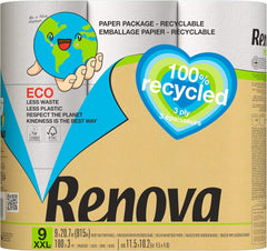 Papier toilette Renova 100% RECYCLÉ 9 rouleaux, blanc, normal