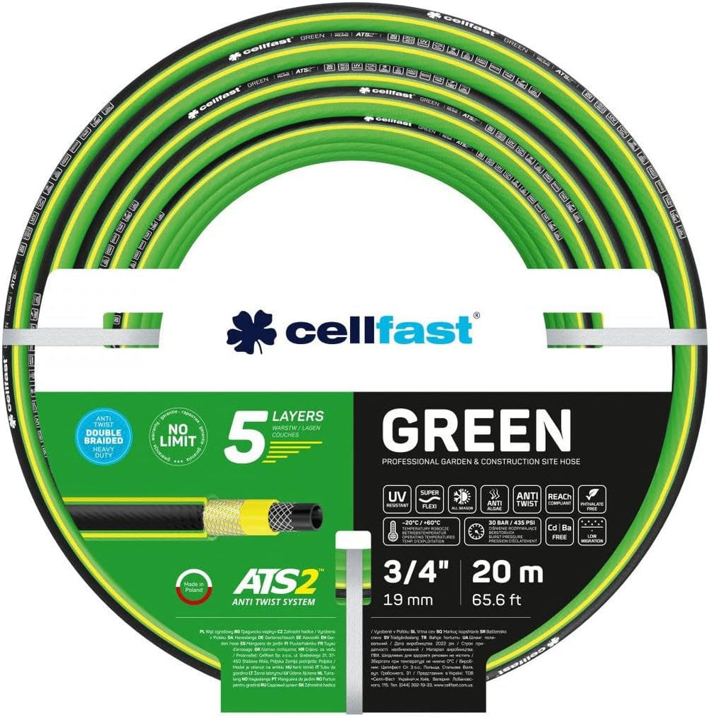 Tuyau d'arrosage Cellfast GREEN ATS2, durable, flexible, 5 brins, tresse croisée ATS2, résistant aux UV et aux algues, sans métaux lourds, 30 bar, -20/+60°C courte durée, 3/4", 20m