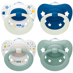 NUK Signature Sucettes jour et nuit pour bébés | 0-6 mois | Calme 95 % des bébés | Sucettes en silicone en forme de cœur sans BPA | Brille dans le noir | Étoiles | Paquet de 4