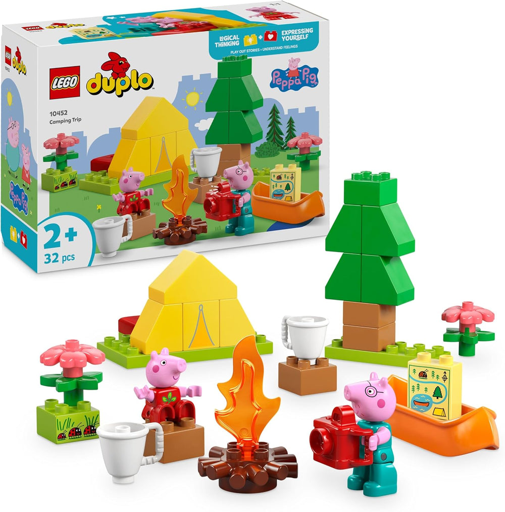 DUPLO Peppa Pig Camping Ausflug mit Papa Wutz – Jeu Montessori pour filles et jeunes à partir de 2 ans – inkl. Tente, canoë, feu de camp et 2 figurines – Fördert Motorik & Farberkennung – Geschenk - 10452