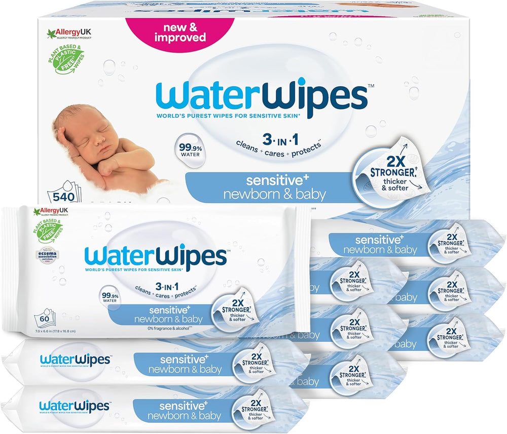 WaterWipes Sensitive+ Lingettes humides pour nouveau-nés et bébés, 540 pièces (9 paquets), nettoyage 3 en 1, entretien, protection, 99,9 % d'eau, sans parfum