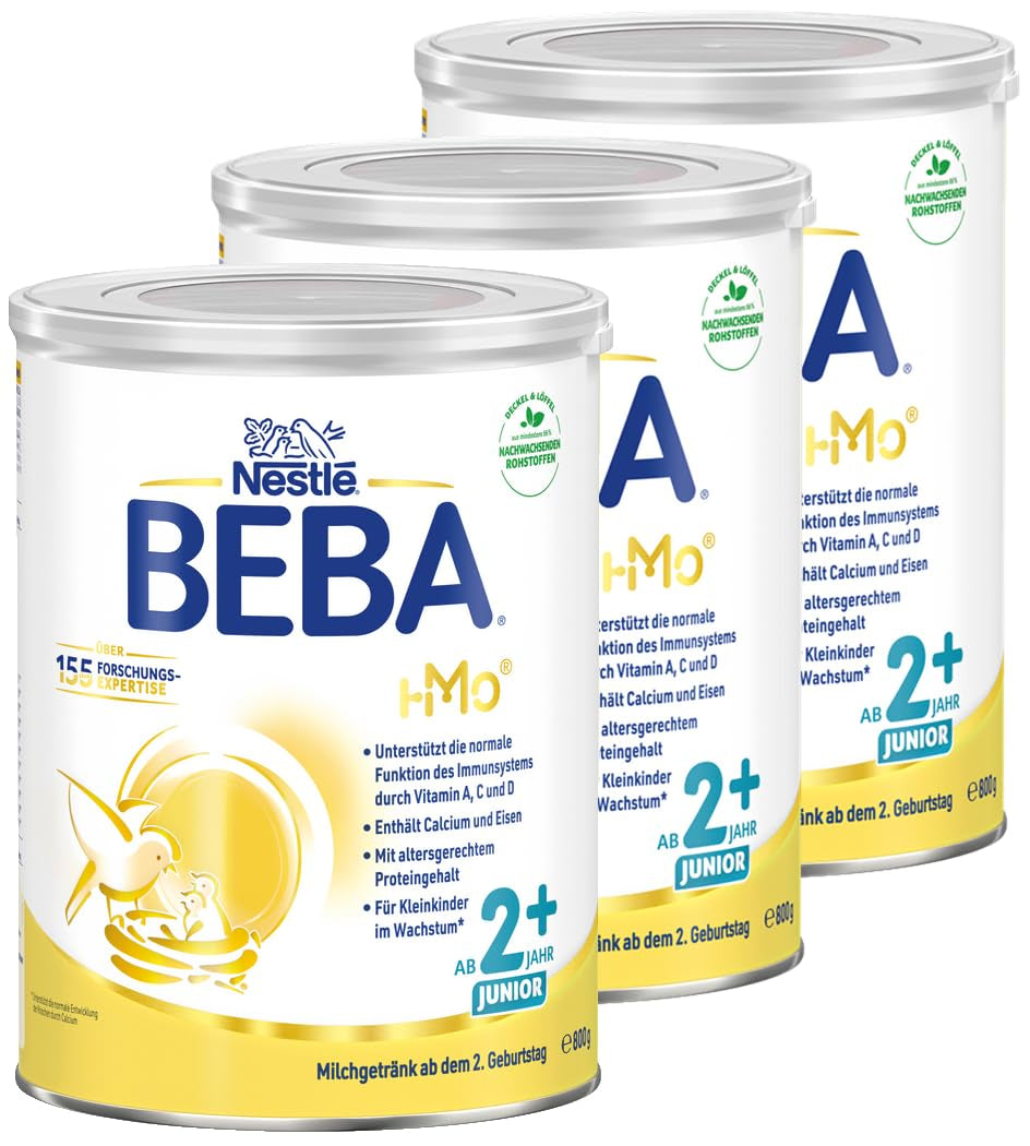 Boisson lactée BEBA Junior 2+ à partir de 2 ans, Avec HMO, Teneur en protéines adaptée à l'âge, Lactose uniquement, Sans huile de palme, Sans huile de poisson, Aliments pour tout-petits, Lait en poudre pour bébé, Lot de 3 (3 x 800 g)