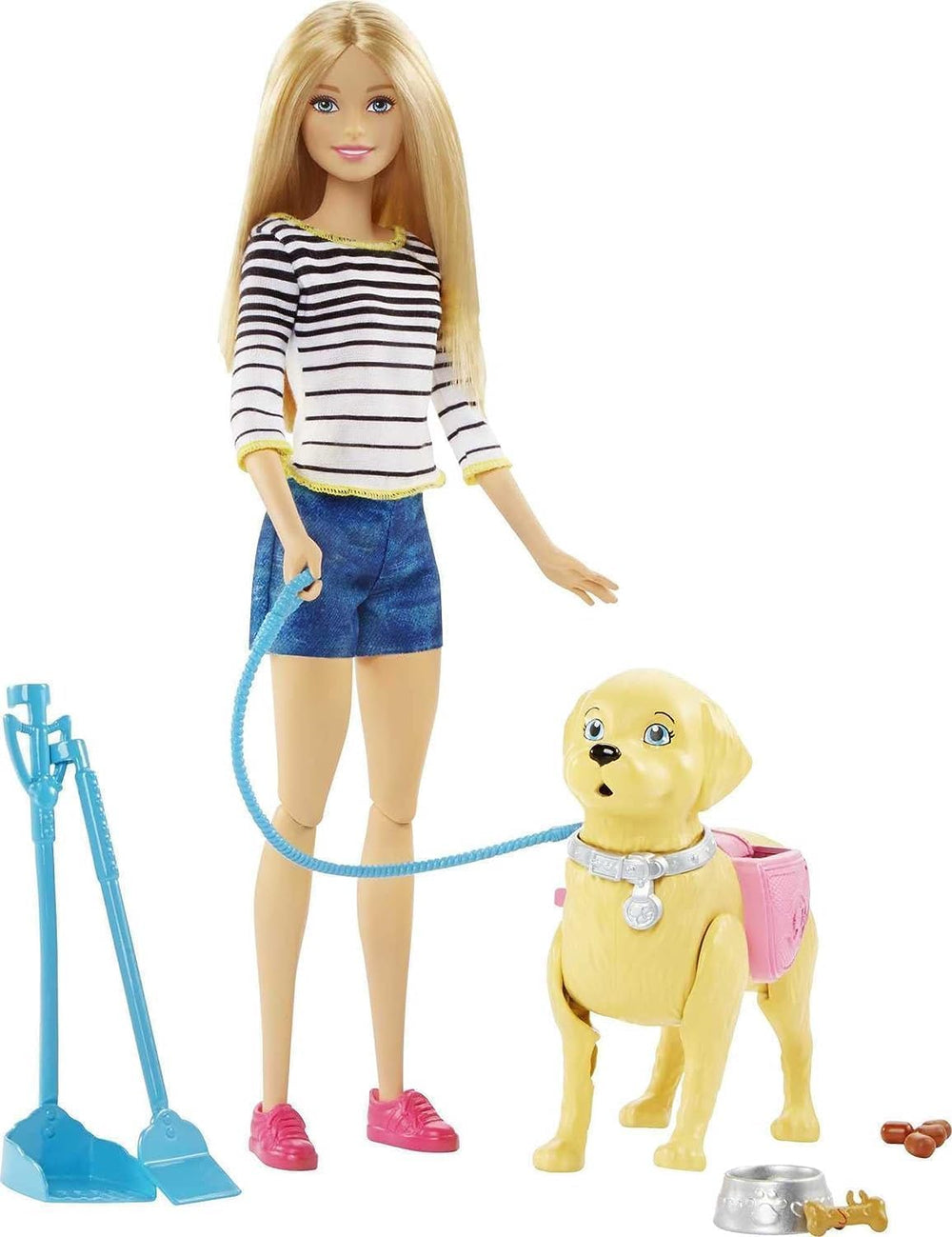 Poupée Barbie Walk and Potty, poupée blonde avec chien qui marche, cuillère à crottes, accessoires dont chien de poupée, cadeau pour enfants, jouet à partir de 3 ans, DWJ68