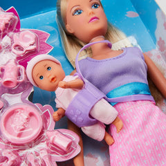 Simba 105730211 - Steffi Love Nanny, avec deux bébés, porte-bébé et siège auto, accessoires, poupée à habiller, 29 cm, pour enfants à partir de 3 ans