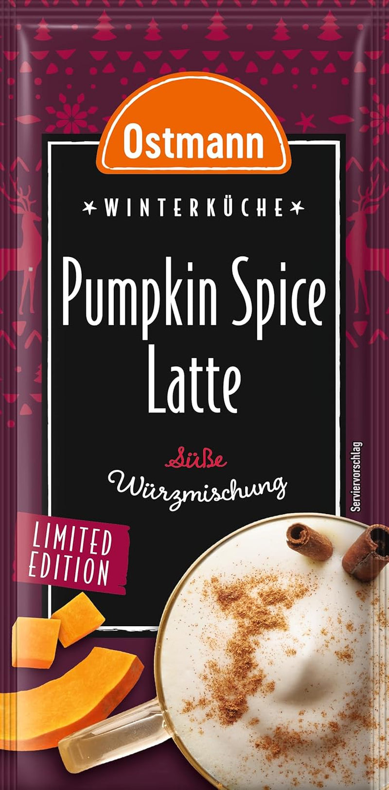 Ostmann Gewürze – Pumpkin Spice Latte Würzmischung, zum Einrühren in Milch mit Kaffee ou Espresso, mit Kürbispulver, 16 g im Beutel (Verpackungsdesign kann abweichen)